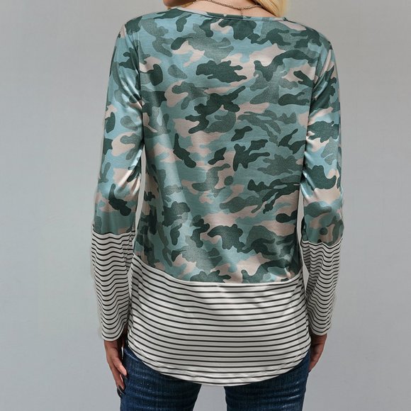 Camo Striped Sequin Pocket long Sleeve Shirt - Picture 3 of 8